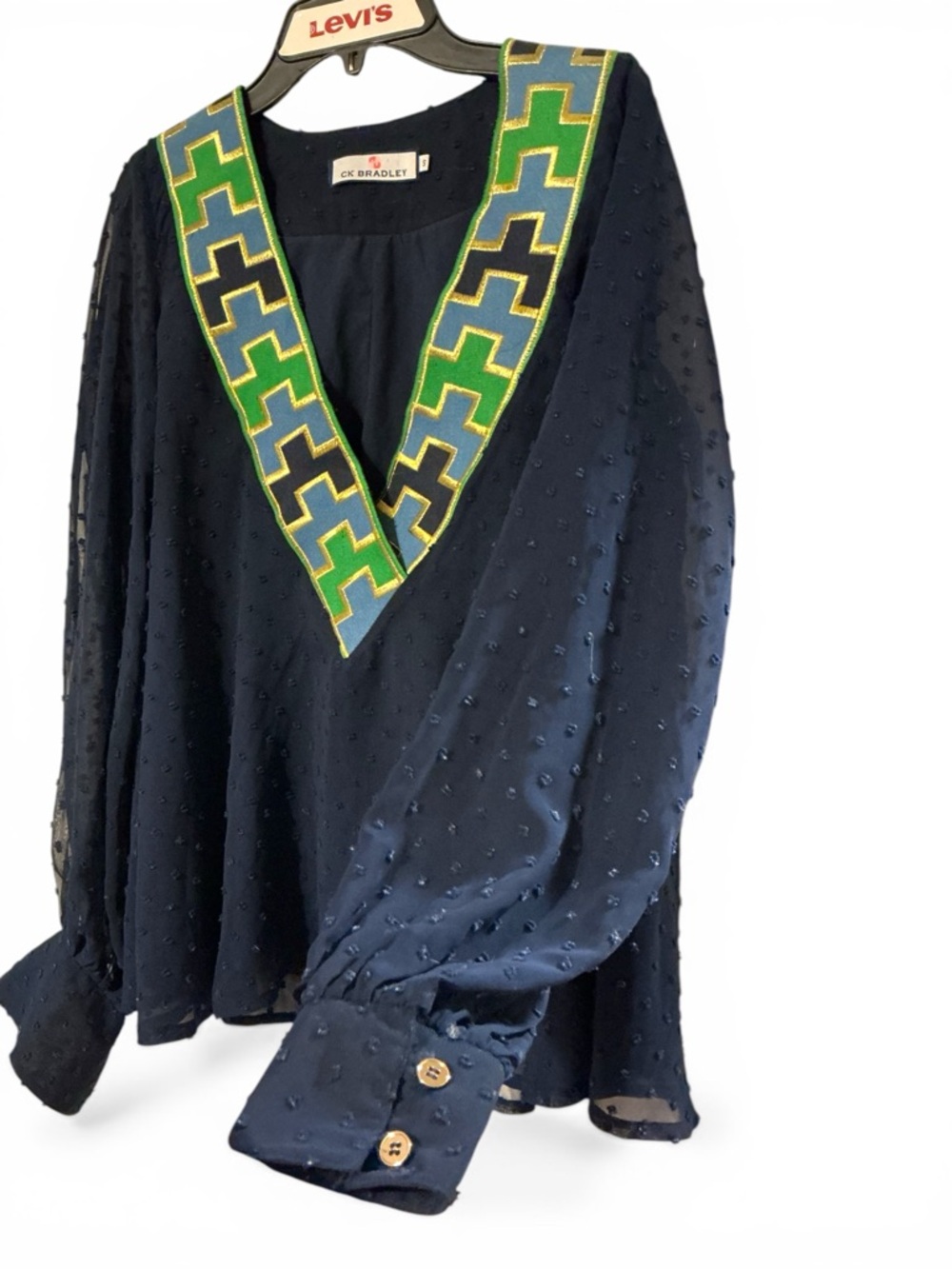 C.K. Bradley Navy Blouse with Green & Blue V-Neck Trim Womens Small Boho - Picture 5 of 6